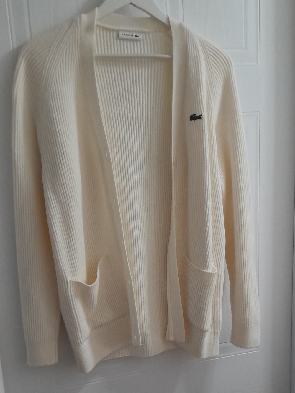 Lacoste Ivory Ribbed Open-Front Cardigan